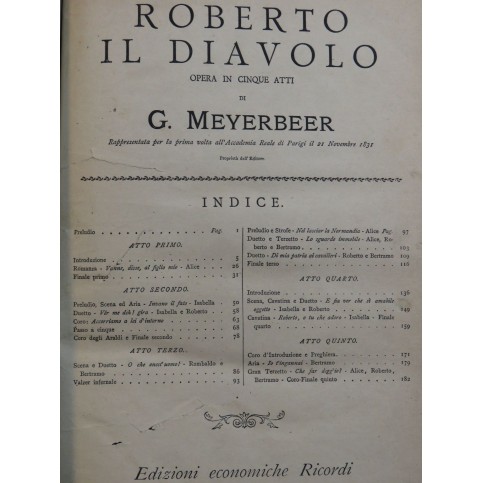 MEYERBEER Giacomo Roberto il Diavolo Opéra Piano solo XIXe