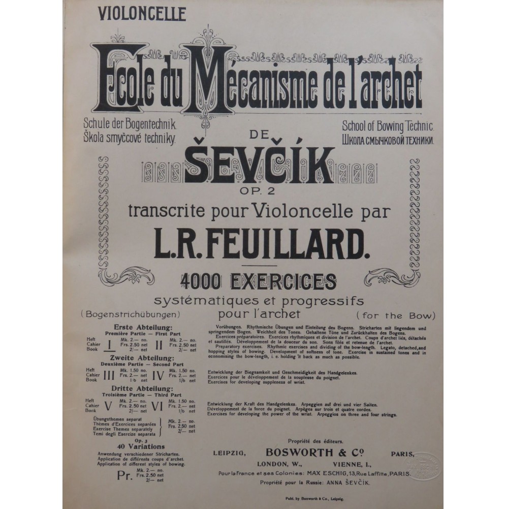 SEVCIK Otakar École du Mécanisme de l'Archet Violoncelle 1905