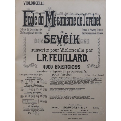 SEVCIK Otakar École du Mécanisme de l'Archet Violoncelle 1905