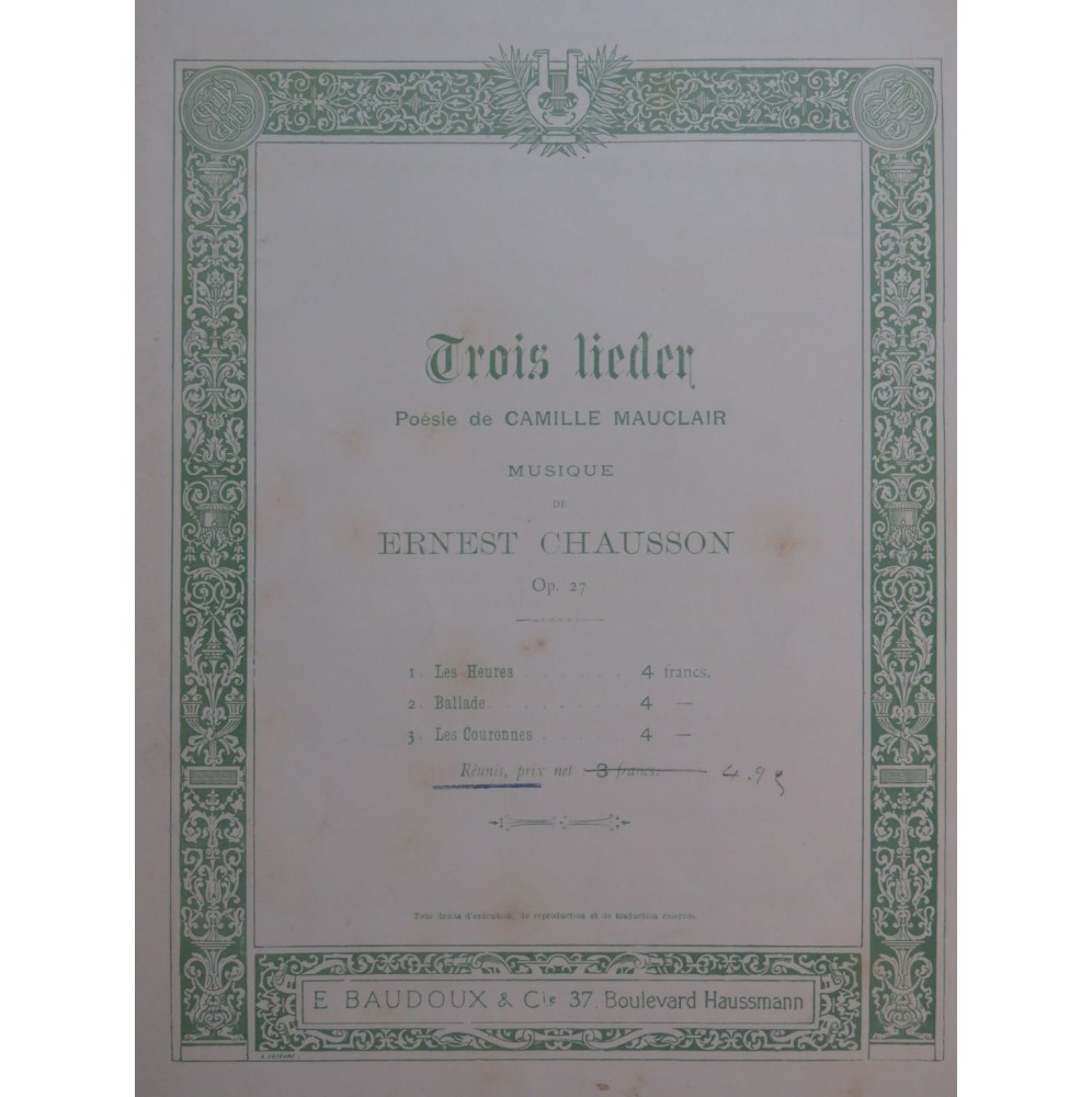 CHAUSSON Ernest Trois Lieder Chant Piano ca1895