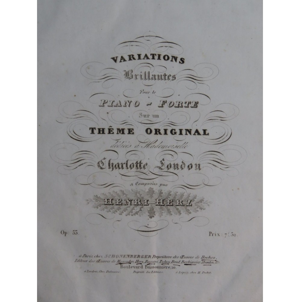 Herz Henri Variations Brillantes sur une Thème Original op 55 Piano ca1830