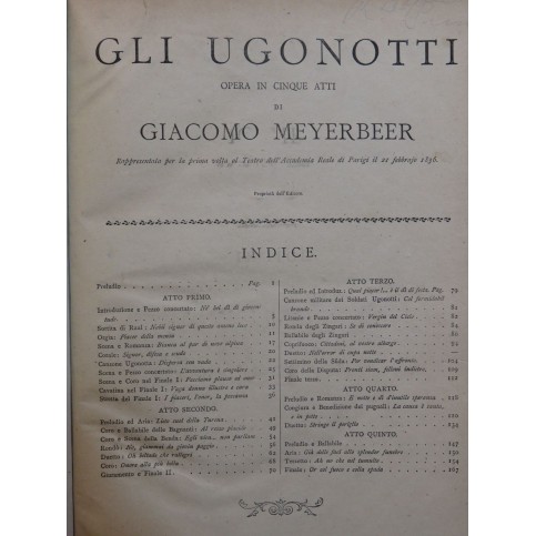 MEYERBEER Giacomo Gli Ugonotti Opéra Piano solo XIXe