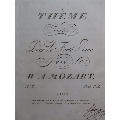 MOZART W. A. Thème Varié Mariages Samnites K 352 Piano ca1791