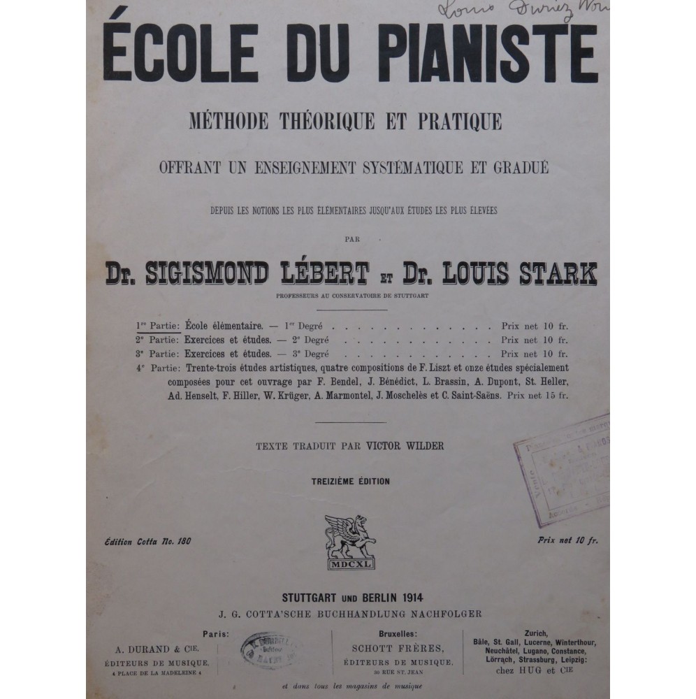 LÉBERT Sigismond STARK Louis École du Pianiste 1ère Partie 1914