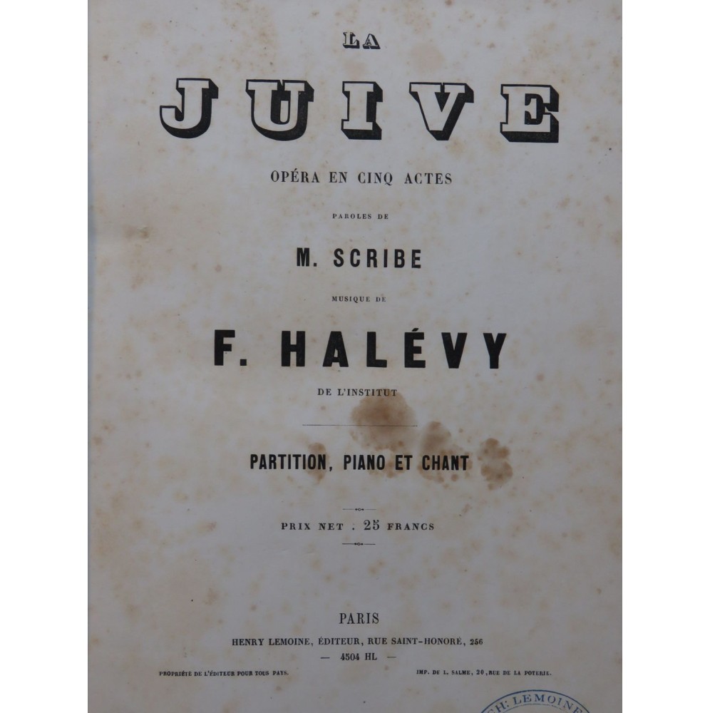 HALÉVY F. La Juive Opéra Chant Piano XIXe