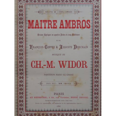 WIDOR Ch. M. Maître Ambros Opéra Chant Piano 1886