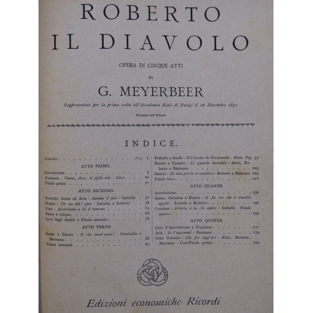 MEYERBEER Giacomo Roberto il Diavolo Opera Piano solo ca1875