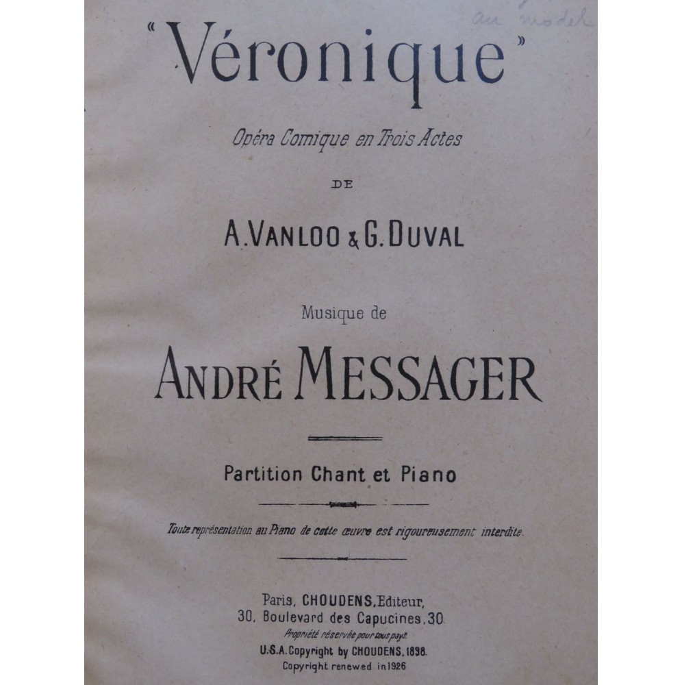 MESSAGER André Véronique Opéra Chant Piano 1930