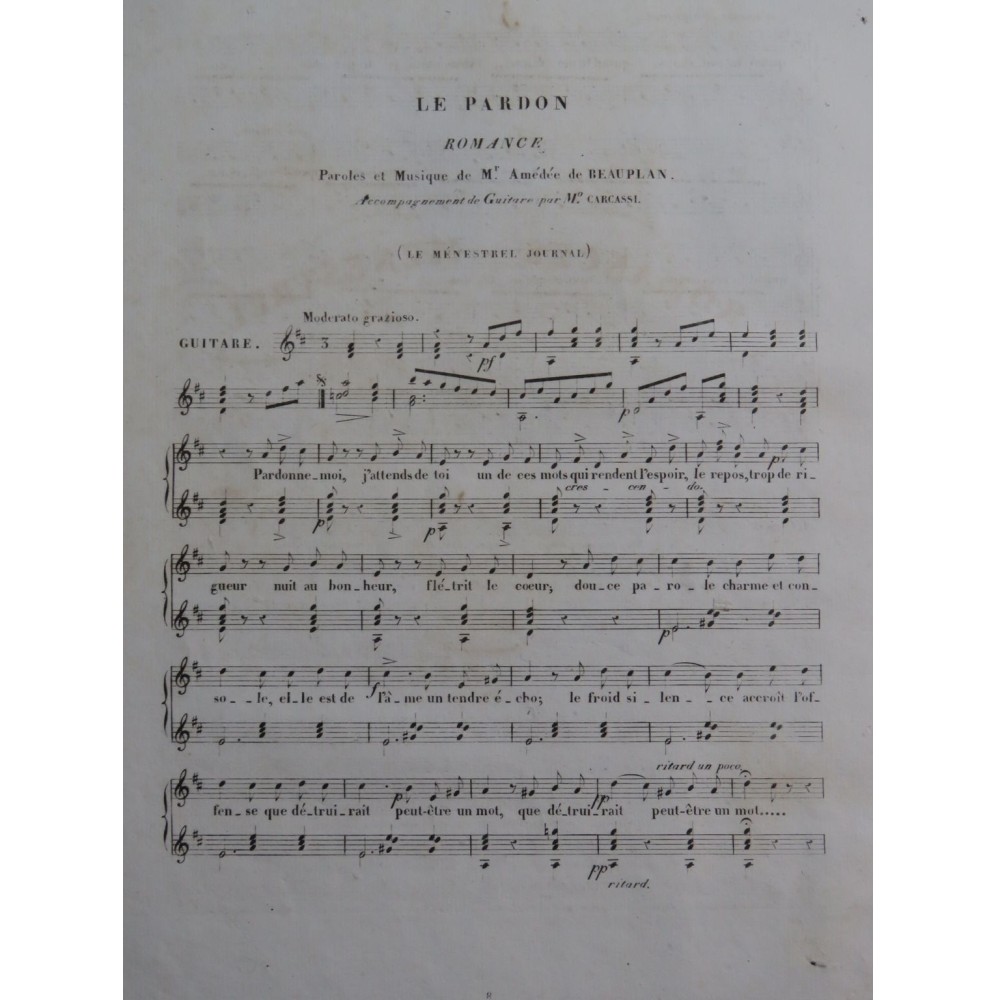DE BEAUPLAN Amédée Le Pardon Chant Guitare ca1830