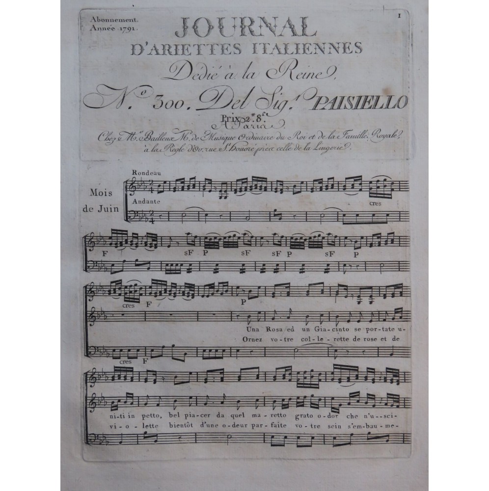 PAESIELLO Giovanni Una Rosa ed un Giacinto Chant Orchestre 1791