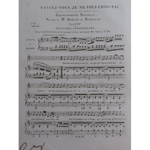 DE BEAUPLAN Amédée Taisez-vous, je ne vous crois pas Chant Piano ou Harpe ca1820