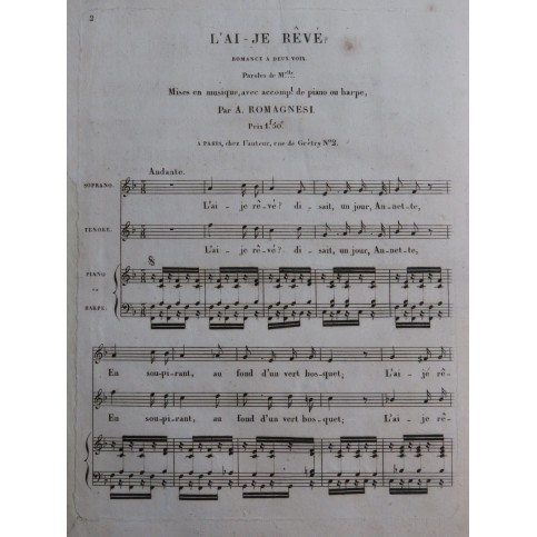 ROMAGNESI Antoine L'Ai-je Rêvé Chant Piano ou Harpe ca1830