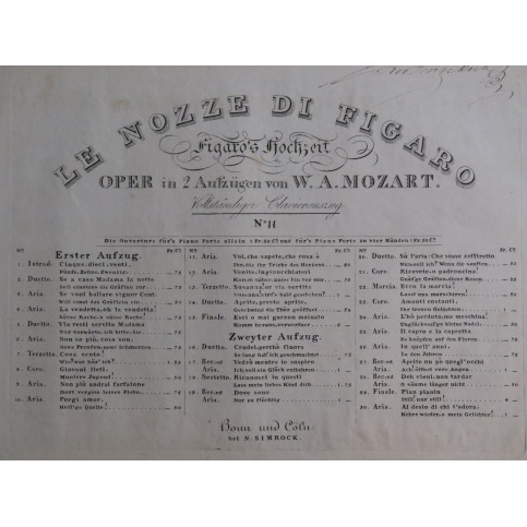 MOZART W. A. Le Nozze di Figaro No 11 Piano Chant ca1796