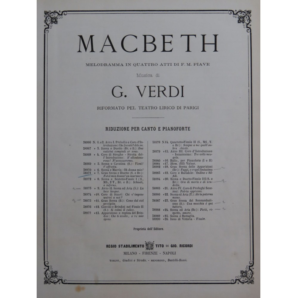 VERDI Giuseppe MacBeth No 7 Chant Piano 1865