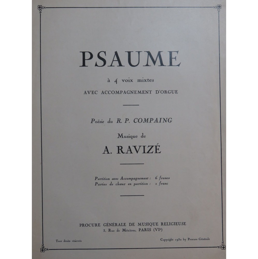 RAVIZÉ A. Psaume à quatre voix mixtes Chant Orgue 1932