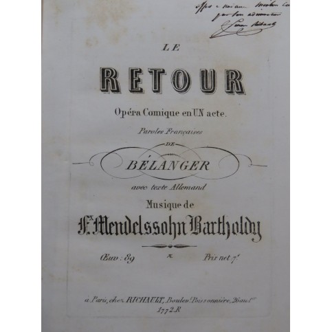 MENDELSSOHN Le Retour Opéra Chant Piano ca1855