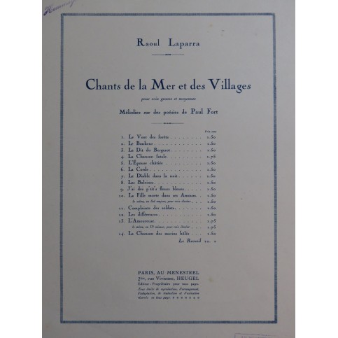 LAPARRA Raoul Chants de la mer et des villages Chant Piano 1926