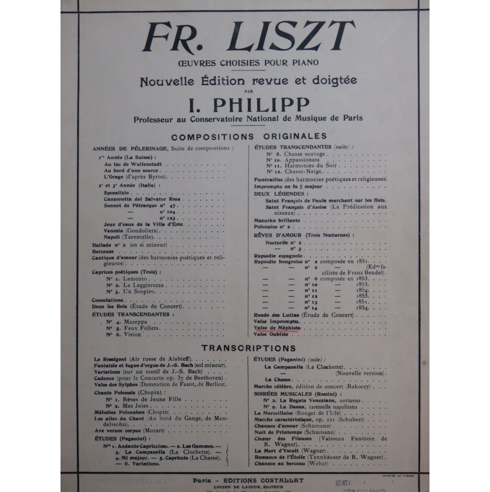 LISZT Franz Valse de Méphisto Piano 1925