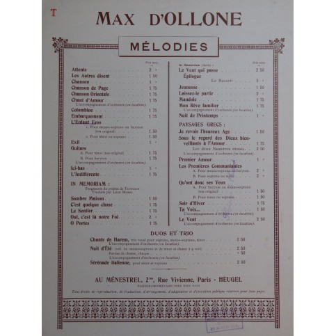 D'OLLONE Max L'Enfant Eros Chant Piano 1928