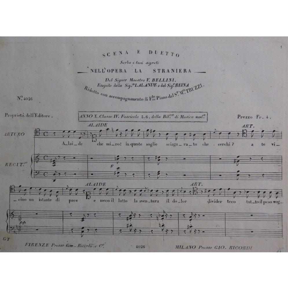 BELLINI Vincenzo La Straniera Scena e Duetto Chant Piano ca1830