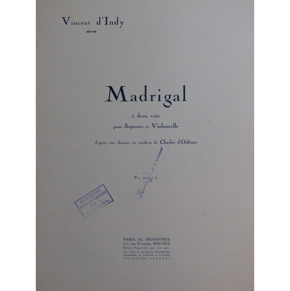 D'INDY Vincent Madrigal Chant Violoncelle 1929