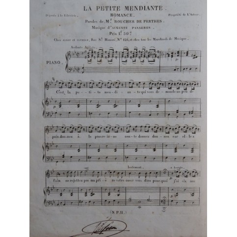 PANSERON Auguste La Petite Mendiante Signature Chant Piano ca1820