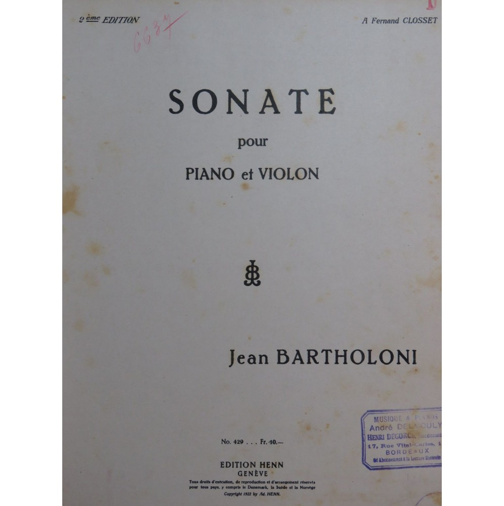BARTHOLONI Jean Sonate Piano Violon 1922
