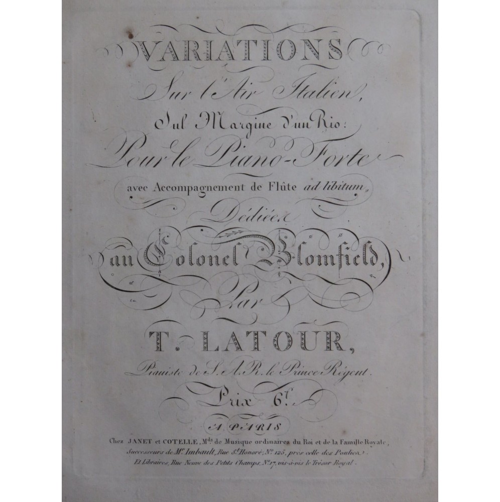 LATOUR Théodore Variations sur Sul Margine d'un Rio Piano ca1820