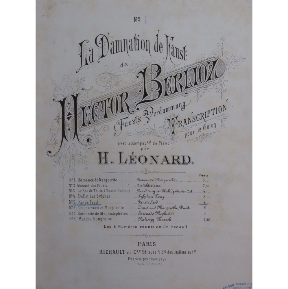 BERLIOZ Hector La Damnation de Faust No 5 Piano Violon ca1882