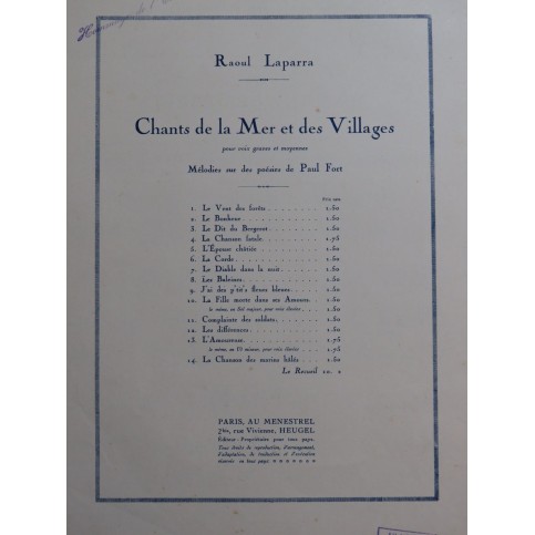 LAPARRA Raoul Le Vent des forêts Chant Piano 1926