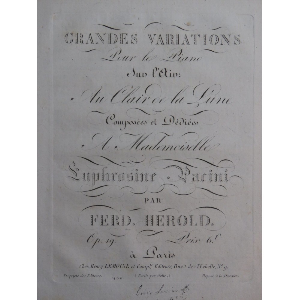 HEROLD Ferdinand Variations sur Au Clair de la Lune Piano 1820