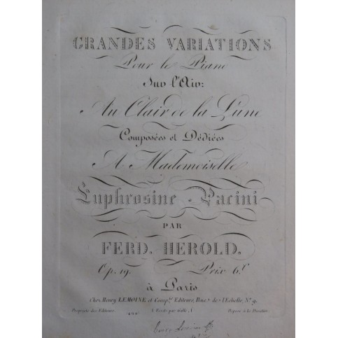 HEROLD Ferdinand Variations sur Au Clair de la Lune Piano 1820