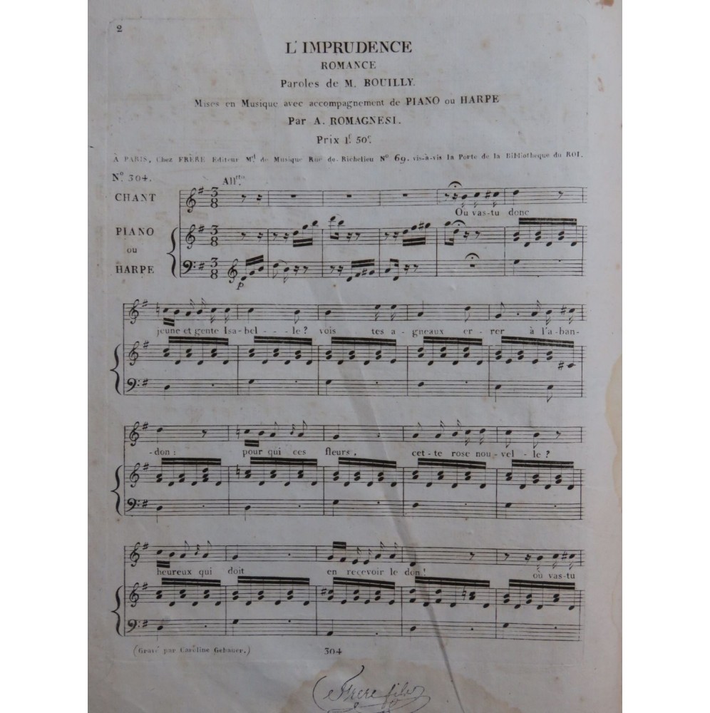 ROMAGNESI Antoine L'Imprudence Chant Piano ou Harpe ca1830