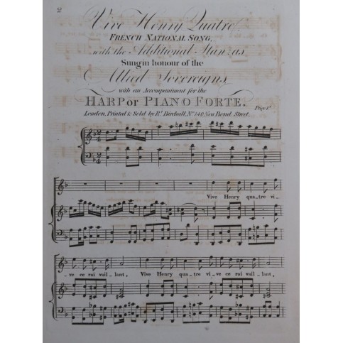 Vive Henry Quatre French National Song Chant Piano ou Harpe ca1820