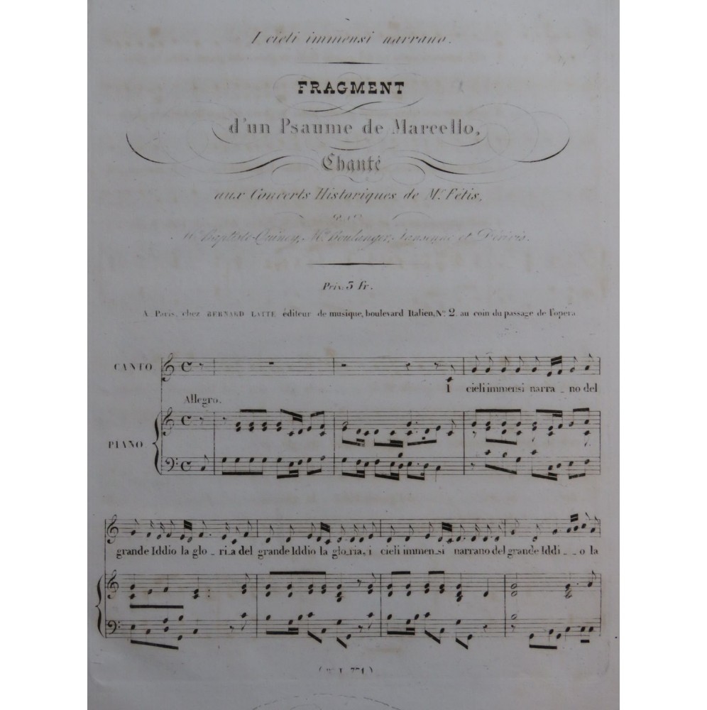 MARCELLO Benedetto Fragment d'un Psaume Chant Piano ca1840