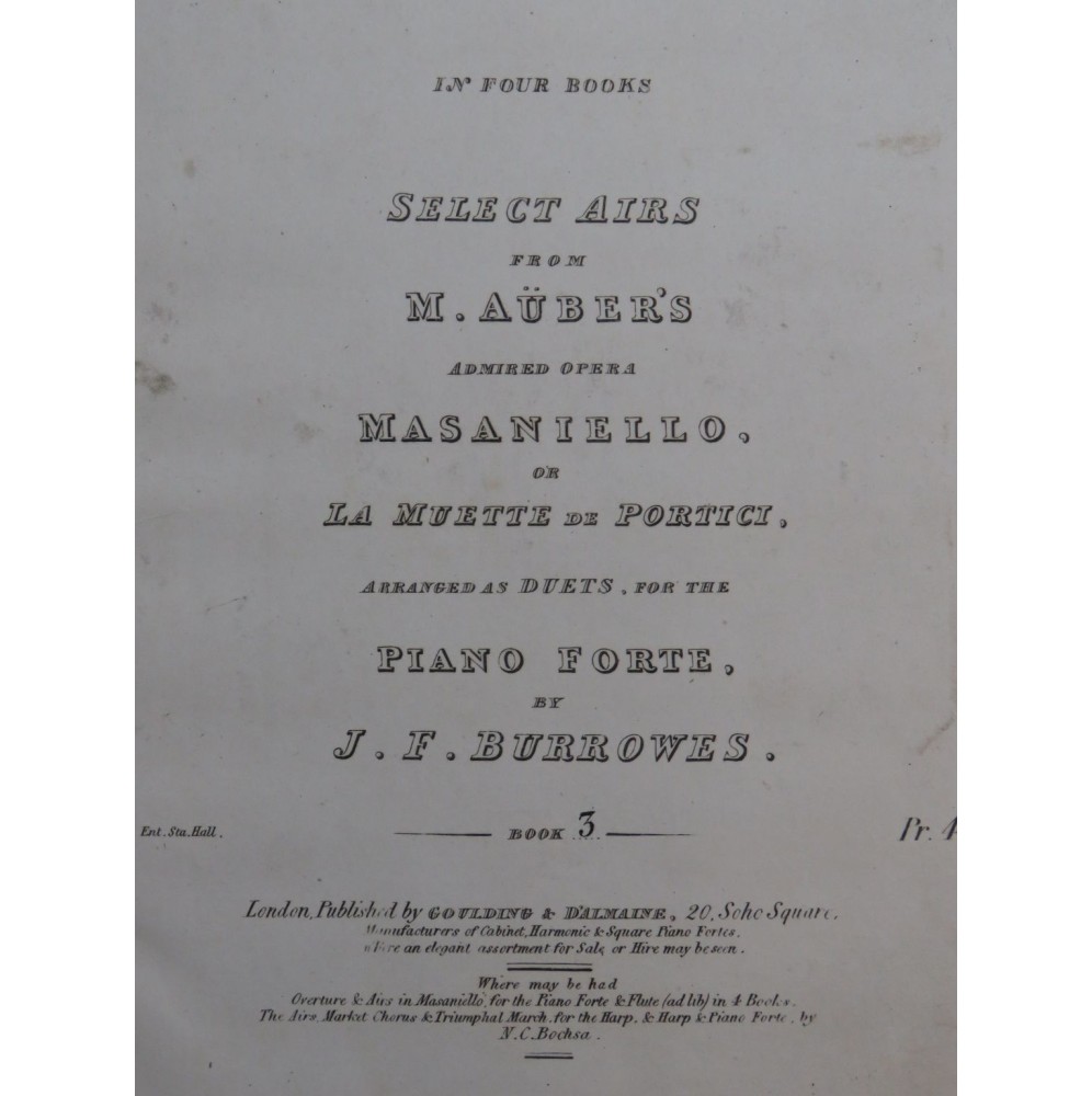 BURROWES J. F. Select Airs from M. Auber's Book No 3 Piano 4 mains ca1830