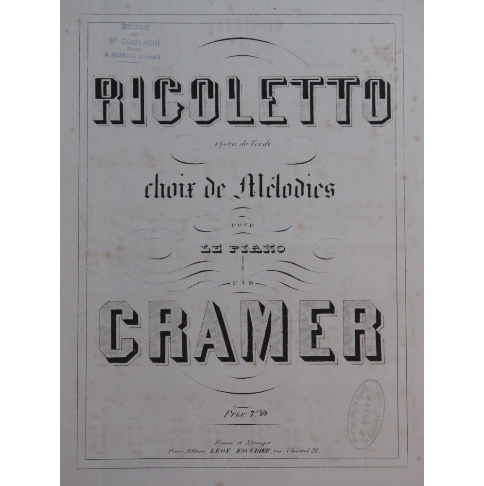 CRAMER Rigoletto de Verdi Choix de Mélodies Piano ca1860