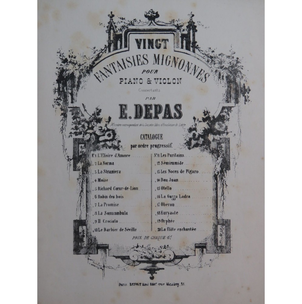 DEPAS Ernest Richard Coeur de Lion Fantaisie Piano Violon ca1865