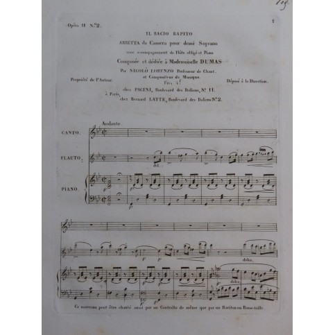 LORENZO Nicolo Il Bacio Rapito Chant Piano Flûte ca1840
