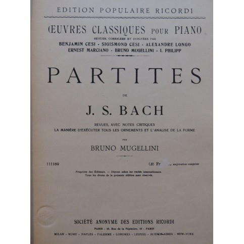 BACH J. S. Partites Partitas Piano ca1906