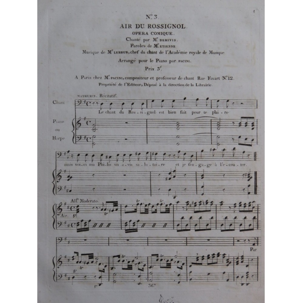 LEBRUN Louis-Sébastien Le Rossignol No 3 Chant Piano ou Harpe ca1820