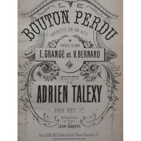 TALEXY Adrien Le Bouton Perdu Opérette Chant Piano 1874