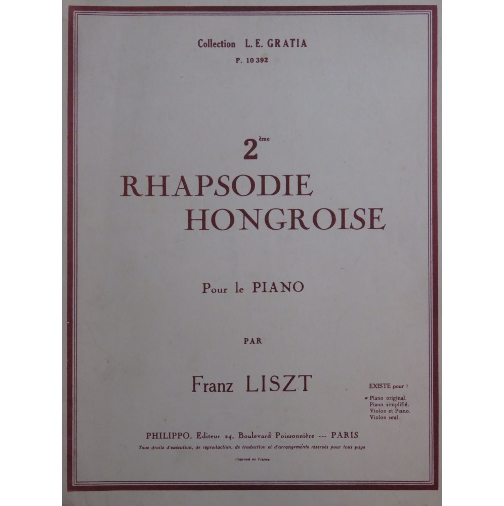 LISZT Franz Rhapsodie Hongroise No 2 Piano