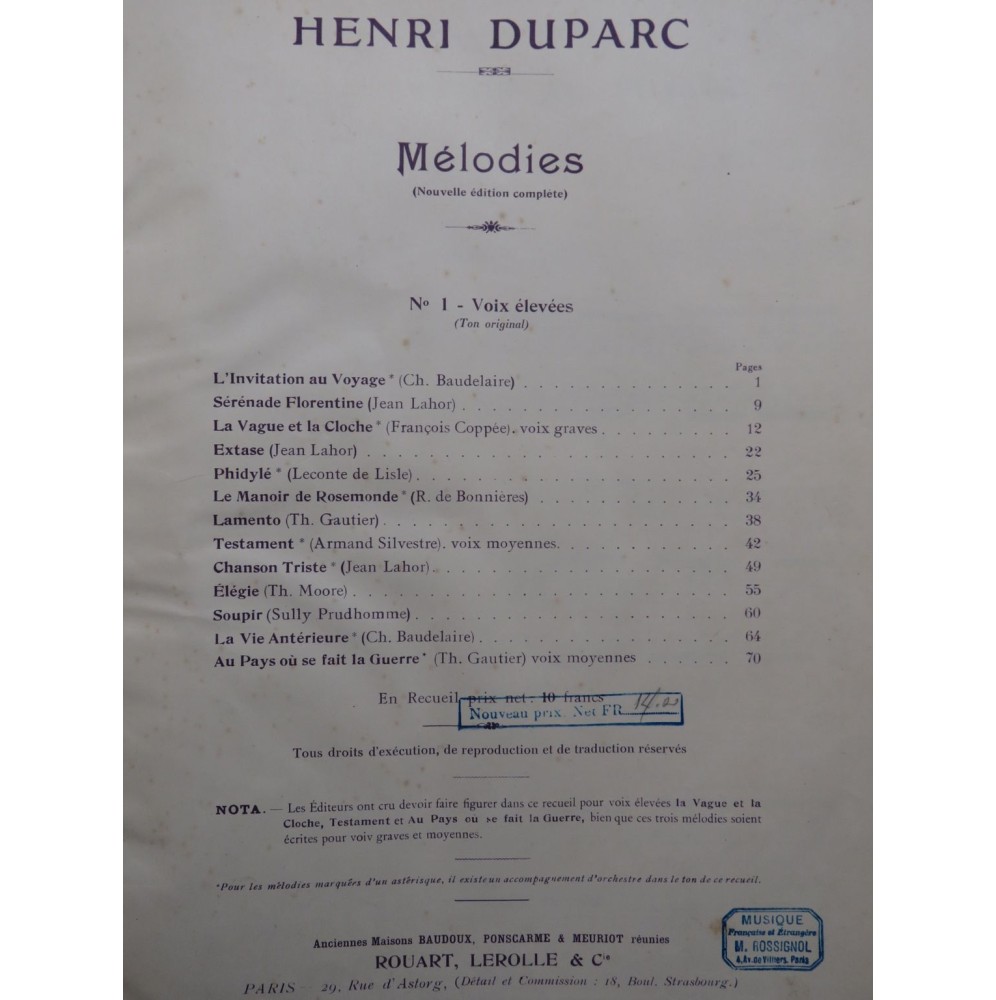 DUPARC Henri Mélodies pour Piano Chant 1911