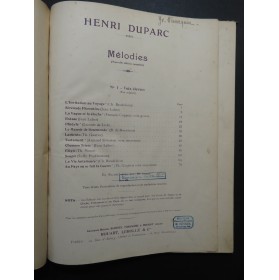 DUPARC Henri Mélodies pour Piano Chant 1911