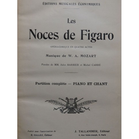 MOZART W. A. Les Noces de Figaro Opéra Chant Piano XIXe