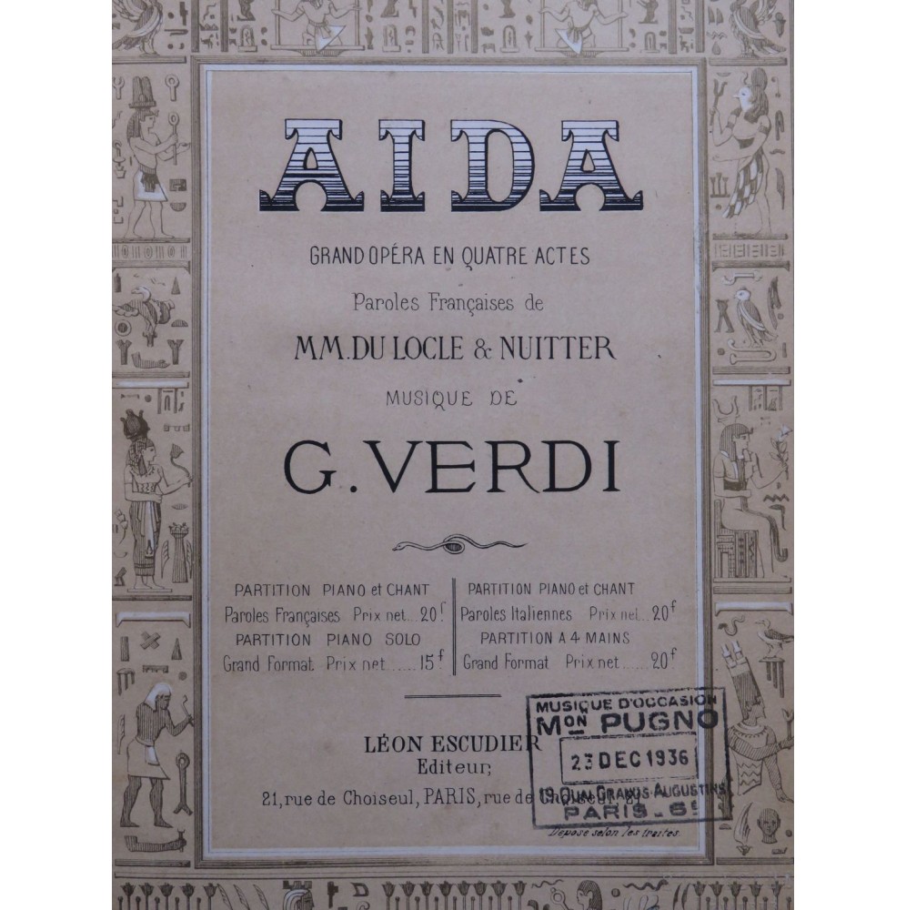 VERDI Giuseppe Aïda Opéra Chant Piano ca1872