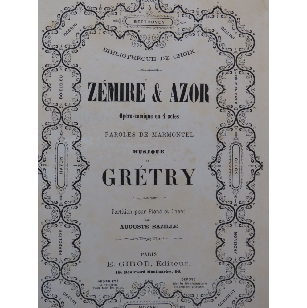 GRÉTRY André Zémire et Azor Opéra Chant Piano ca1865