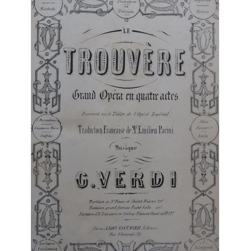 VERDI Giuseppe Le Trouvère Opéra Piano Chant ca1860