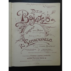 LEONCAVALLO Ruggero Der Bajazzo Opéra Chant Piano 1892